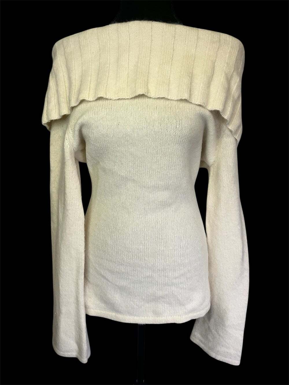 Moda International Off Shoulder Ivory Angora Wool Sweater Sz M Vintage 90s Y2K